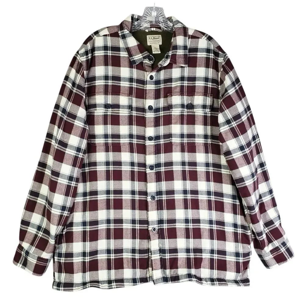 LL Bean Shirt Mens Flannel LS Button Up Size Large Plaid Shacket Fleece Lined - Picture 2 of 11